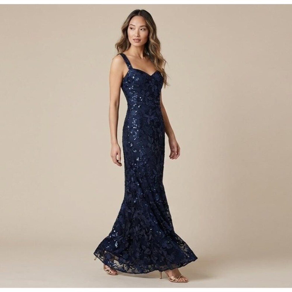 Dress The Population Anabel Women XXL Navy Blue Sequin Embroidered Floral Gown - Picture 1 of 16